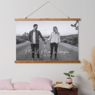 Modernes Script Custom Wedding Foto Keepake Wandteppich Mit Holzrahmen