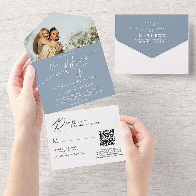 Modernes Script Dusty Blue Foto QR Code Wedding All In One Einladung (Von Creator hochgeladen)