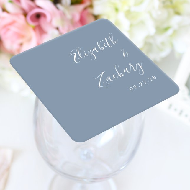 Modernes Script Dusty Blue Wedding Rechteckiger Pappuntersetzer (Von Creator hochgeladen)
