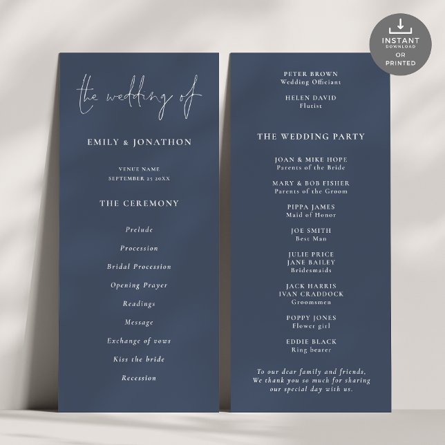Modernes Script Dusty Navy Blue Wedding Programm (Front and Back view)