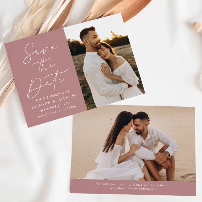 Modernes Script Dusty Rose 2 Foto Save The Date (Von Creator hochgeladen)