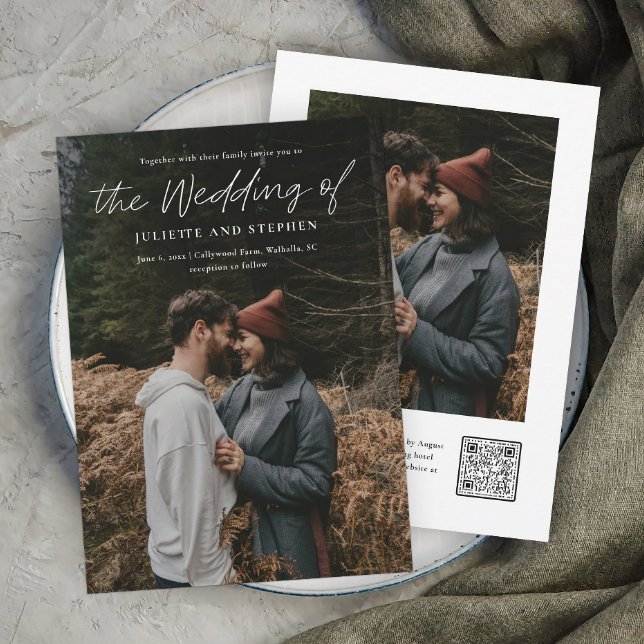 Modernes Script Einfache QR-Foto Hochzeit Einladung (A modern minimal photo wedding invitation with QR Code RSVP on the back with additional photo.)