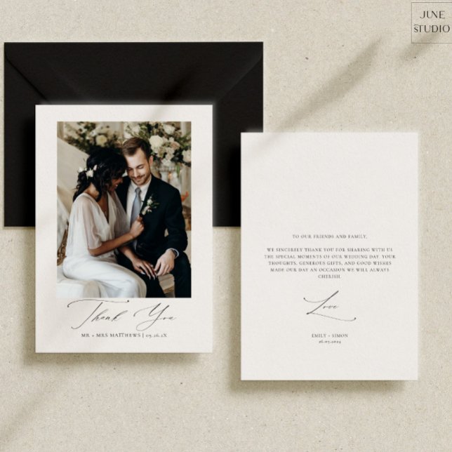 Modernes Script Einfaches Hochzeitsstift Foto Dankeskarte (modern elegant wedding photo thank you card, dainty calligraphy, modern script simple thank you )