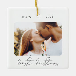 Modernes Script Elegante Verlobung Hochzeit Foto Keramikornament
