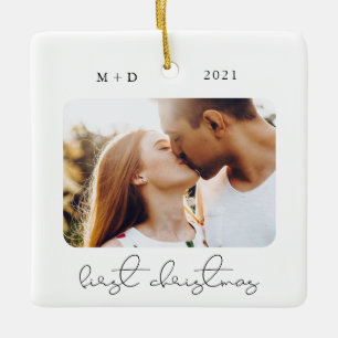 Modernes Script Elegante Verlobung Hochzeit Foto Keramikornament