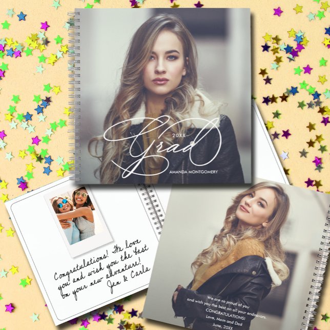 Modernes Script Foto Abschluss Gästebuch Keepake Notizbuch (CHOOSE your page style, spine color, soft or hard cover and add a personal message on the back.)