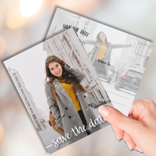 Modernes Script Foto Abschluss SAVE THE DATE Postkarte (Von Creator hochgeladen)