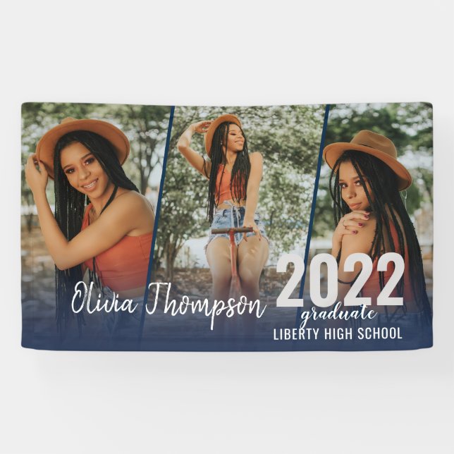 Modernes Script Foto Collage Navy Blue Abschluss B Banner (Horizontal)