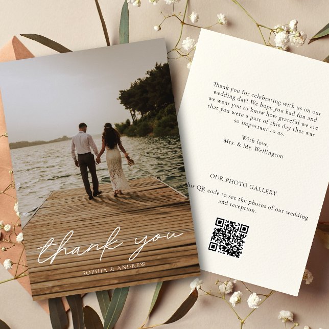 Modernes Script Foto QR Code Hochzeit Dankeskarte (Von Creator hochgeladen)