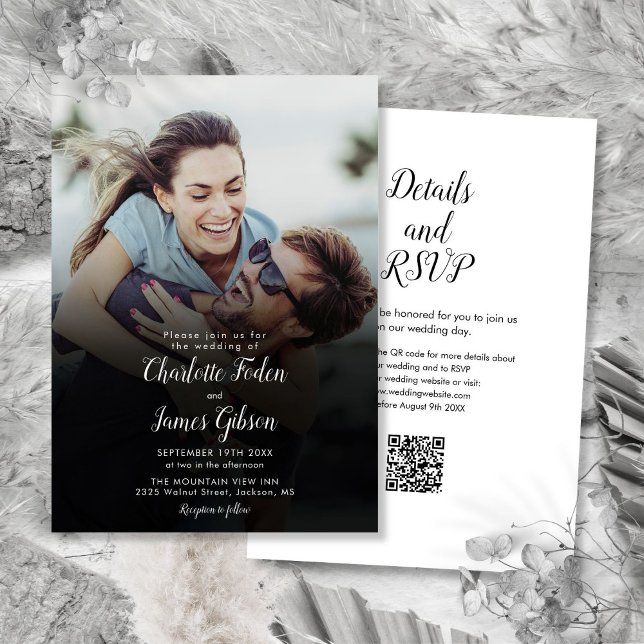 Modernes Script Foto QR Code Hochzeit Einladung (Modern Script Photo QR Code Wedding Invitation)