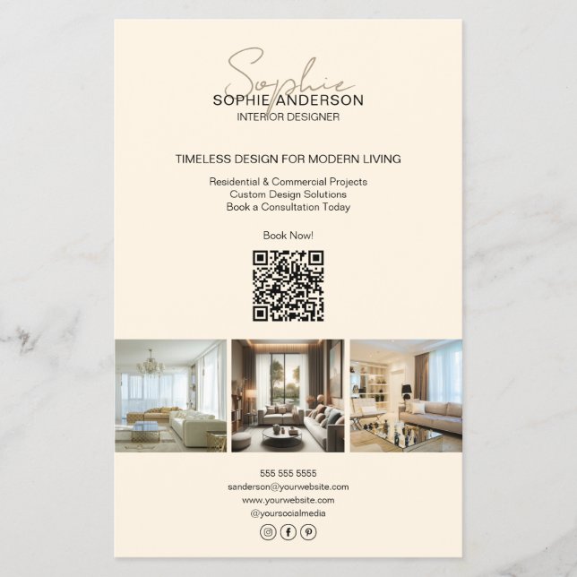 Modernes Script Foto QR Creme Beruflich Business Flyer (Vorne)