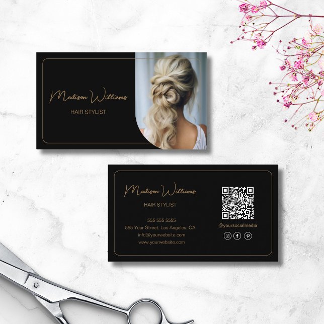 Modernes Script Foto QR Haarstylist Black Gold Visitenkarte (Modern Script Photo QR Hair Stylist Black Gold Business Card)