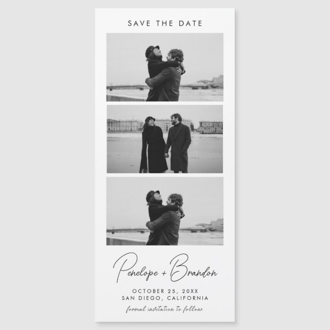 Modernes Script-Foto-Strip Magnetic Wedding Magnetkarte (Vorderseite)