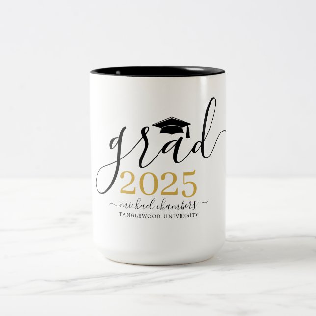 Modernes Script Gold Black Abschluss Personalisier Zweifarbige Tasse (Mittel)