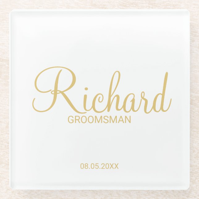 Modernes Script Gold Personalisierter Trauzeuge Glasuntersetzer (Vorderseite)