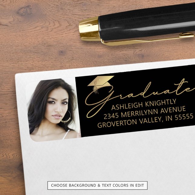 Modernes Script Graduate Cap Foto Black Gold (Von Creator hochgeladen)