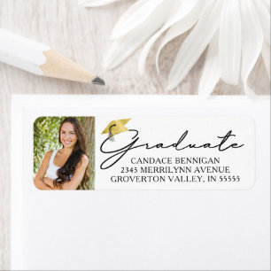 Modernes Script Graduate Foto Black Gold Cap Label