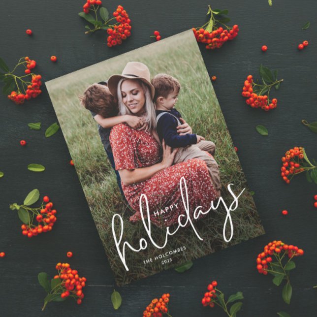 Modernes Script Happy Holidays Einfaches Foto Magn Magnetkarte (Modern Script Happy Holidays Photo Holiday Magnetic Card with Handwritten Typographic Overlay.)