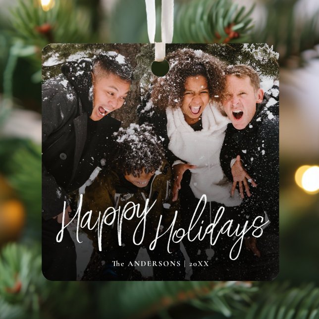 Modernes Script Happy Holidays Weihnachtsfest Foto Ornament Aus Metall (Von Creator hochgeladen)