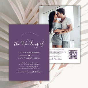 Modernes Script Heart Lila QR Code Foto Hochzeit Einladung