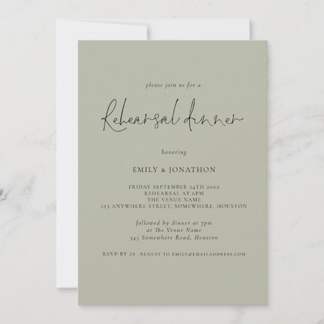 Modernes Script Hochzeit Probe Dinner Light Sage Einladung (Vorderseite)