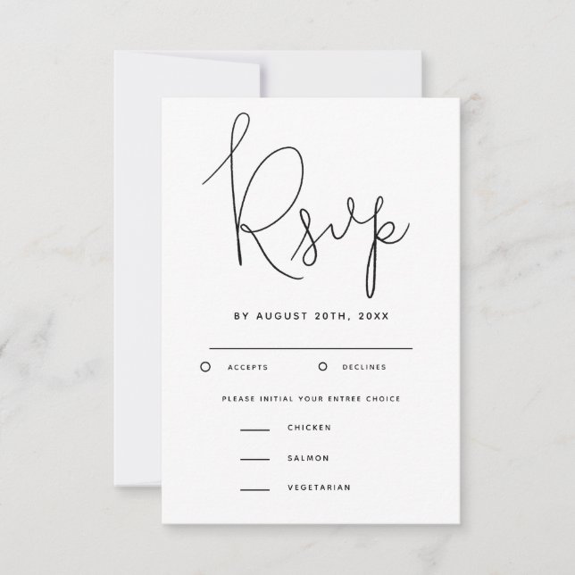 Modernes Script-Hochzeit-RSVP mit Essensauswahl RSVP Karte (Vorderseite)