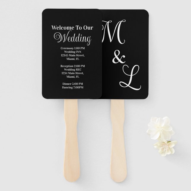 Modernes Script-Hochzeitsprogramm Schwarz-weiß Fächer (Vorne und Hinten)