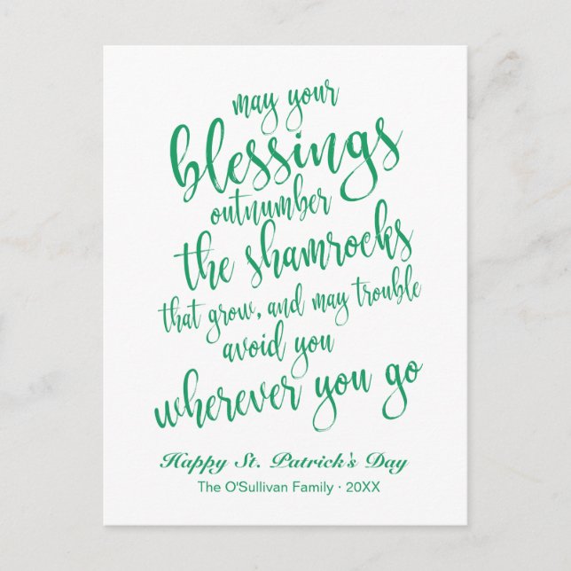 Modernes Script Irish Blessing St. Patrick's Day Postkarte (Vorderseite)