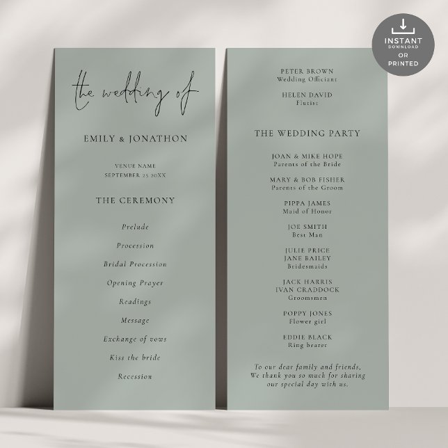 Modernes Script Light Sage Green Wedding Programm (Front and back view)