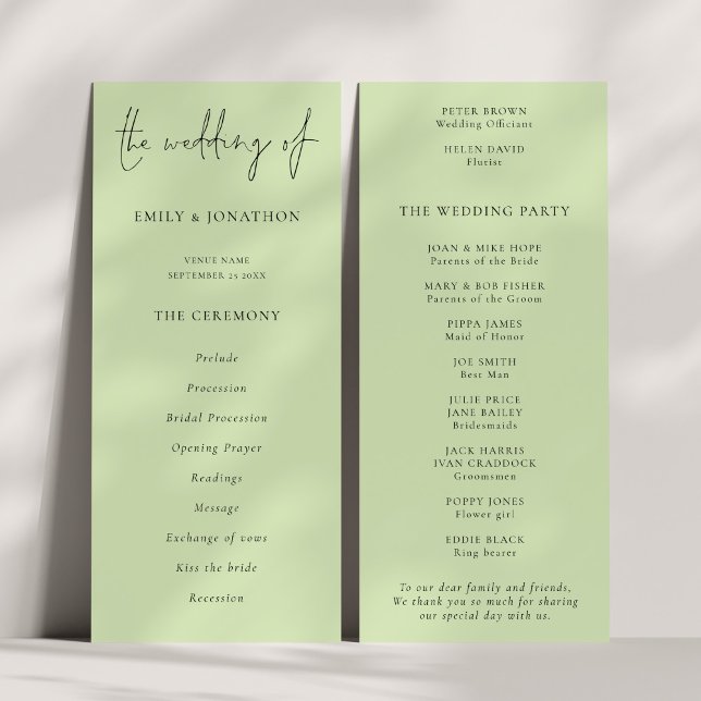 Modernes Script Limon Cream Green Wedding Programm (Front and back view)