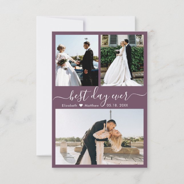 Modernes Script Mauve 3 Foto Collage Wedding Dankeskarte (Vorderseite)