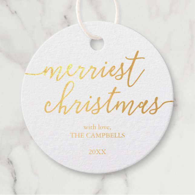 Modernes Script "Merriest Christmas" Foto Geschenkanhänger (Vorderseite)