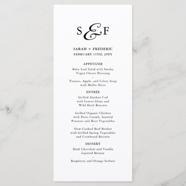 Modernes Script Minimalistisch Monogram White Wedd Menükarte (Vorderseite)