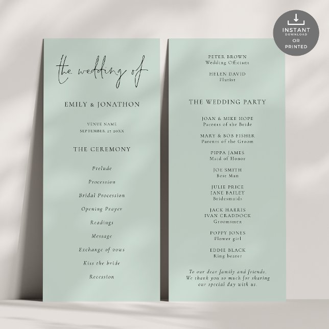 Modernes Script Mint Green Wedding Programm (Front and back view)