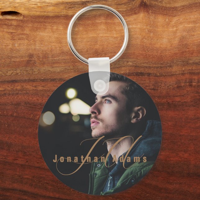 Modernes Script Mit Monogramm Vollständiges Foto Schlüsselanhänger (Vorderseite)