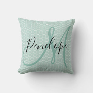 Modernes Script Monogram Honeycomb Aquamarin Kissen