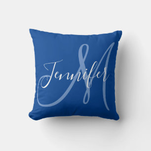 Modernes Script Monogram in Blau Kissen