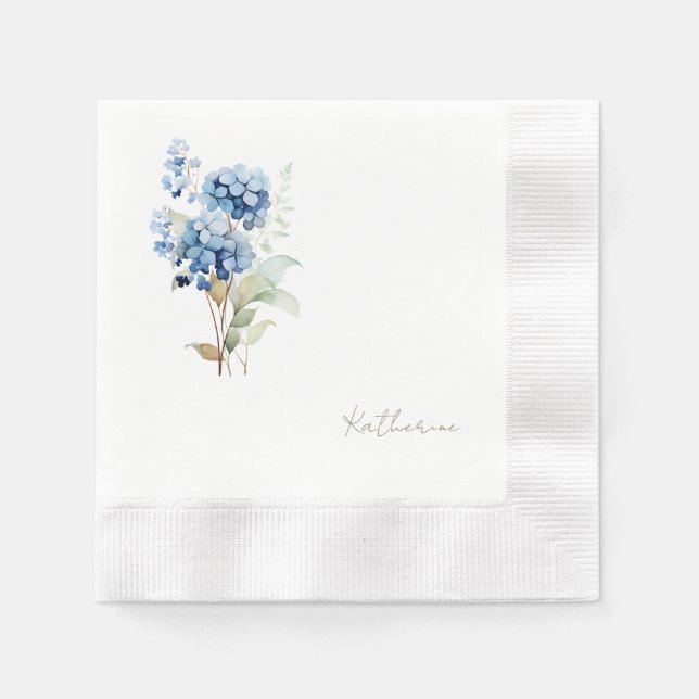 Modernes Script Name Blue Hydrangea Brautparty Serviette (Vorderseite)