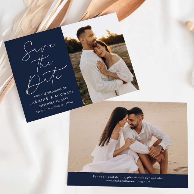 Modernes Script Navy 2 Foto Save The Date (Von Creator hochgeladen)