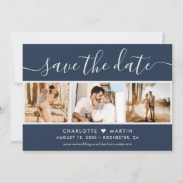 Modernes Script Navy Blue und Silver Wedding 4 Fot Save The Date