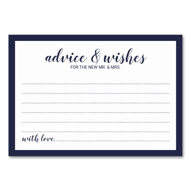 Modernes Script Navy Blue Wedding Advice und Wünsc Tischnummer (Vorderseite)