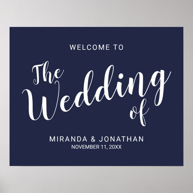 Modernes Script Navy Blue Wedding Begrüßungszeiche Poster (Vorne)