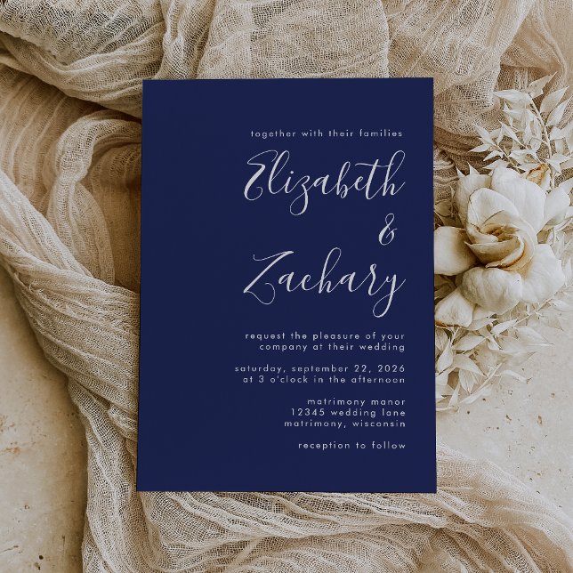 Modernes Script Navy Blue Wedding Einladung (Von Creator hochgeladen)