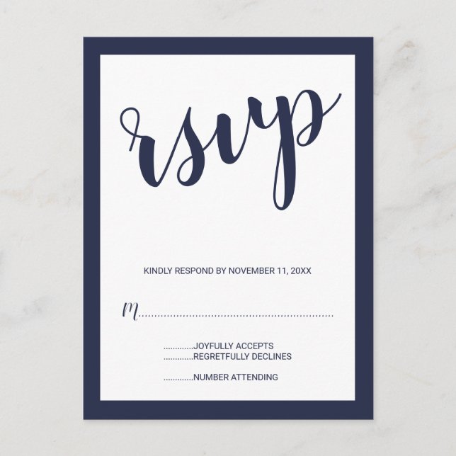 Modernes Script Navy Blue Wedding RSVP Einladungspostkarte (Vorderseite)