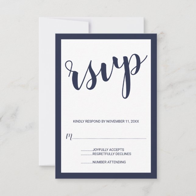 Modernes Script Navy Blue Wedding RSVP Karte (Vorderseite)