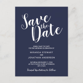 Modernes Script Navy Blue Wedding speichern das Da Ankündigungspostkarte