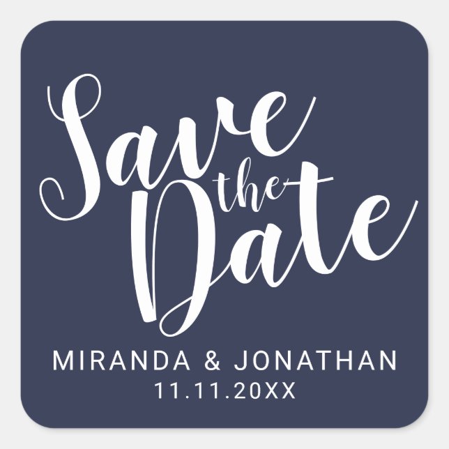 Modernes Script Navy Blue Wedding speichern das Da Quadratischer Aufkleber (Vorderseite)