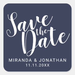 Modernes Script Navy Blue Wedding speichern das Da Quadratischer Aufkleber
