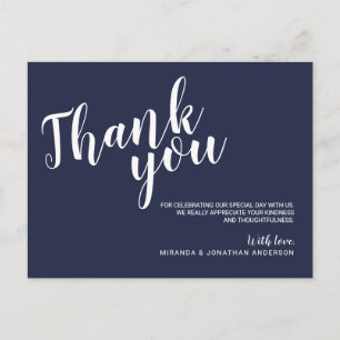 Modernes Script Navy Blue Wedding Vielen Dank Postkarte