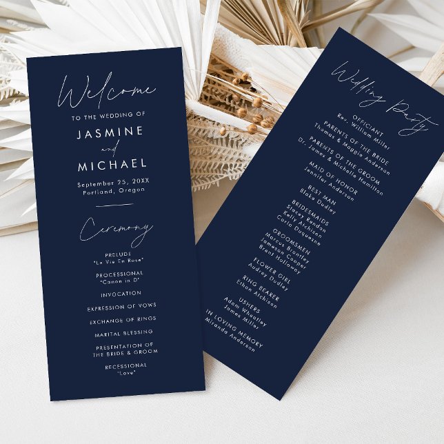 Modernes Script Navy Hochzeitsprogramm (Von Creator hochgeladen)